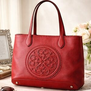 Brighton Red Leather Embossed Medallion Tote Bag Boho Artisan Large